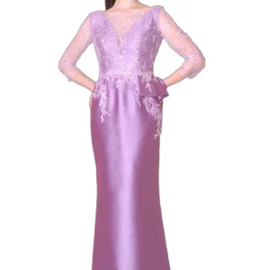 Abito lungo in mikado piquet con tulle ricamato MANUEL GARCIA