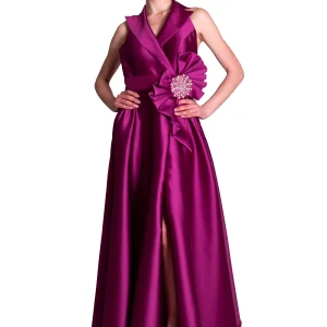 Abito lungo in mikado con scollo all'americana dettaglio gioiello GIANNI MOLARO