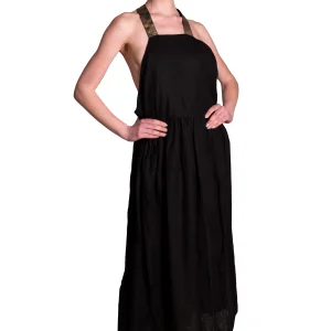 Abito lungo in lino con spalline in pelle laminata MAURIZIO