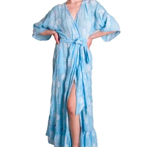 Caftano lungo incrociato in tessuto ricamato PHO