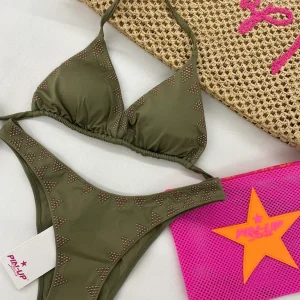 Bikini Donna Pin Up Stars Triangolo Microborchie Tinta Unita Verde Militare