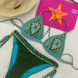 Bikini Donna Pin Up Stars Triangolo e Slip Fiocchi Sfere Tribal Sea Verde
