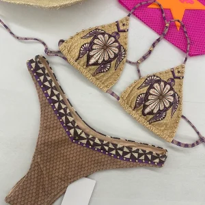 Bikini Donna Pin Up Stars Triangolo e Slip Sgambato Sfere Tribal Sea Beige