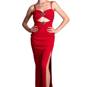 Abito lungo con bustier drappeggiato e dettagli gioiello TASSOS