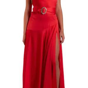 Abito lungo di raso con cintura gioiello JAISOSUS